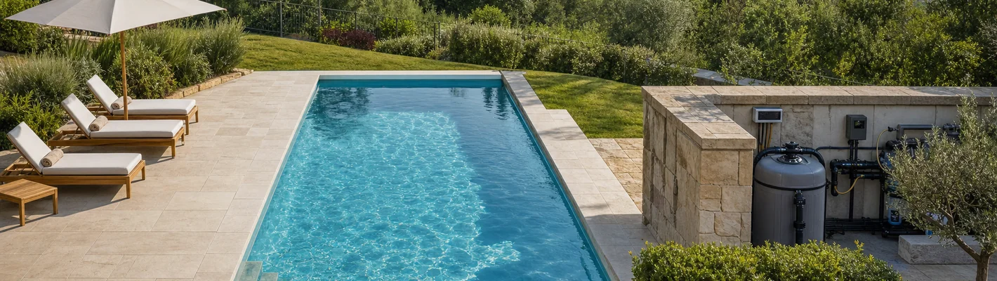 3D-Visualisierung eines Schwimmbeckens mit Einbauteilen und Technikbereich