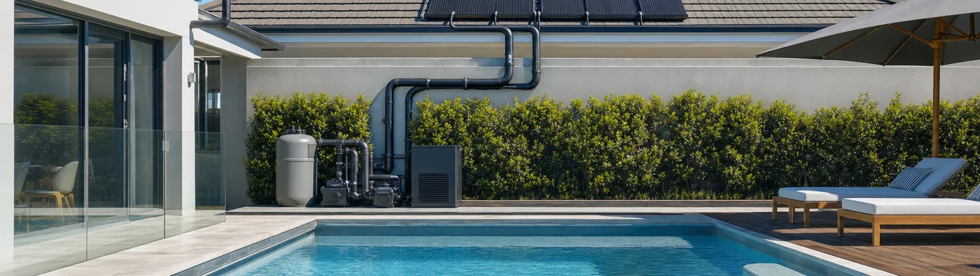 Plattenabsorber-Solaranlage auf dem Hausdach mit Pool im Vordergrund