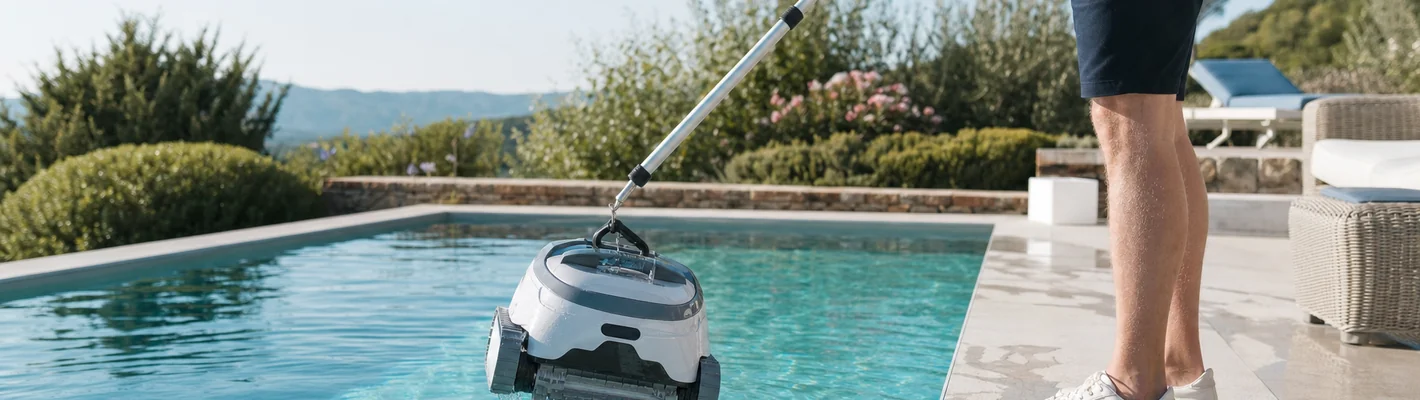 Kabelloser Akku-Poolroboter wird nach dem Reinigungszyklus aus dem Pool gehoben