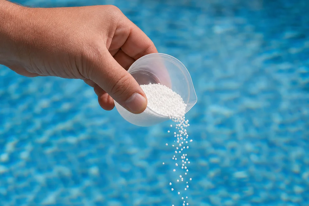 Granulat eines Aktivsauerstoff-Pflegemittels wird ins Poolwasser dosiert