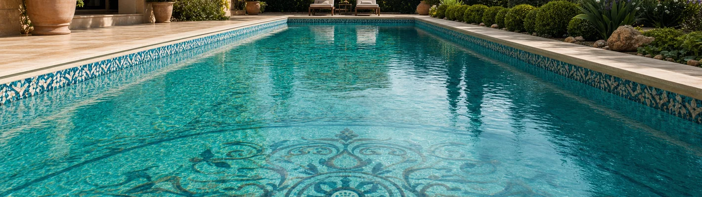 Dekorative Mosaik-Applikation auf der Folienauskleidung eines Schwimmbeckens