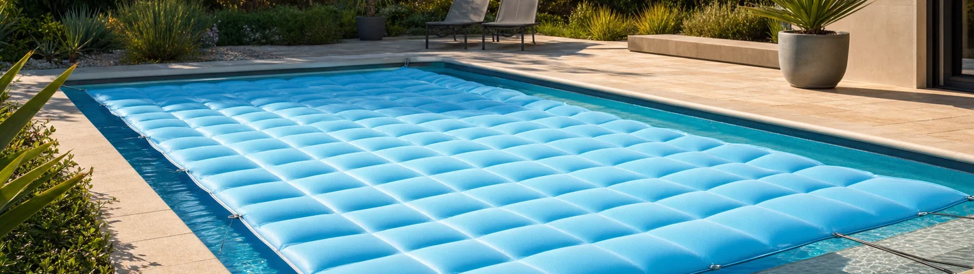 Aufblasbare Schwimmbadabdeckung schwimmt auf dem Pool