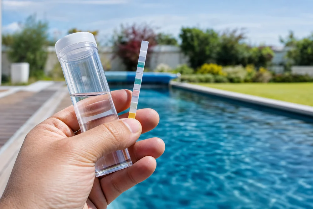 Wasseranalyse am Pool mit Teststreifen und Probenröhrchen