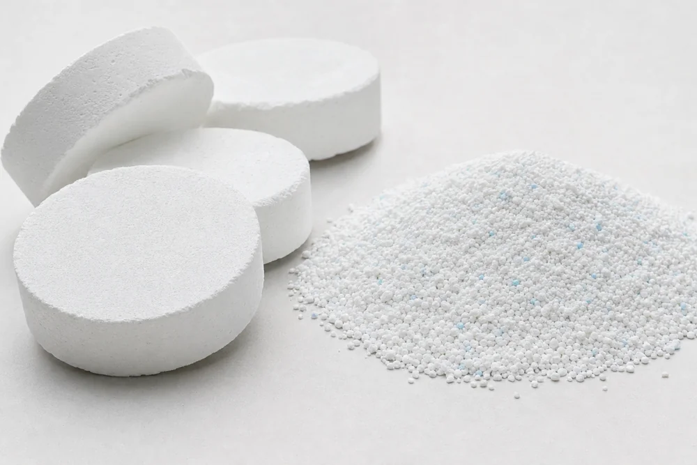 Chlortabletten und Granulat nebeneinander auf einem Tisch am Pool