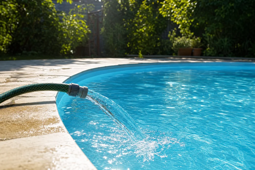 Frischwasser läuft zur Senkung der Cyanursäure in den Pool