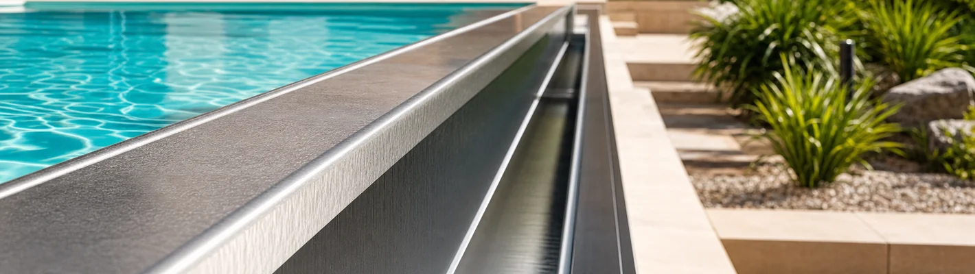 Edelstahlschwimmbecken aus V4A, gebürsteter Edelstahl-Mantel mit Überlaufrinne und klarem Wasser