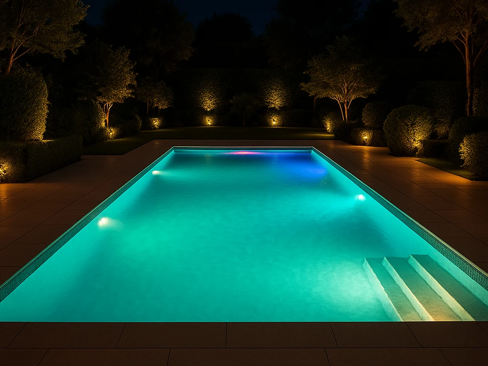 Pool bei Nacht mit Unterwasserbeleuchtung