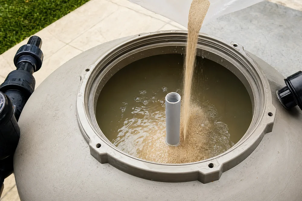 Frisches Filtermedium wird langsam in den halb mit Wasser gefüllten Kessel gefüllt