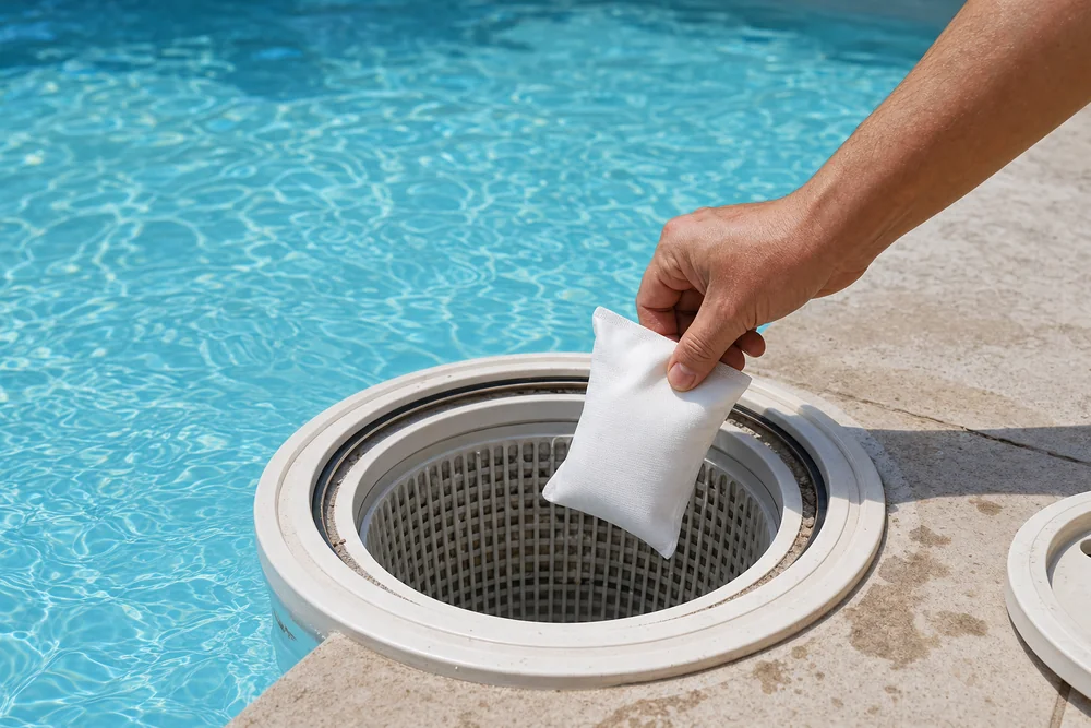 Flockungsmittel-Kissen wird in den Skimmerkorb eines Pools gelegt