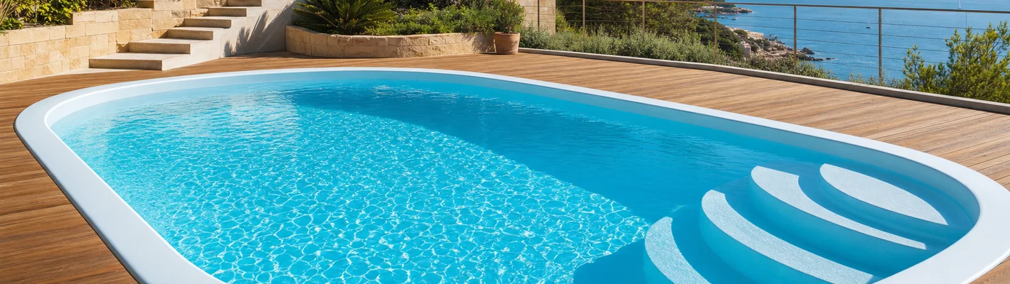 GFK-Monoblock-Schwimmbecken mit Römertreppe in moderner Gartenterrasse