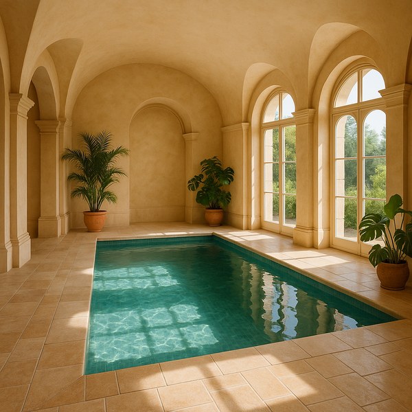 Mediterranes Privathallenbad mit Sandstein-Optik