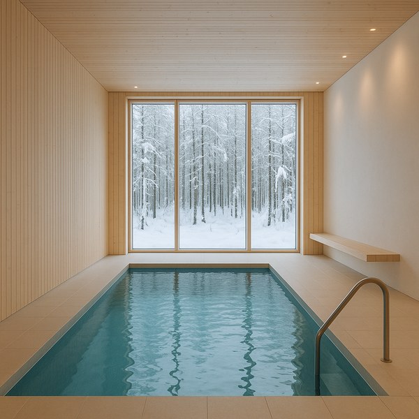 Skandinavisches Privathallenbad mit Holz und Naturblick