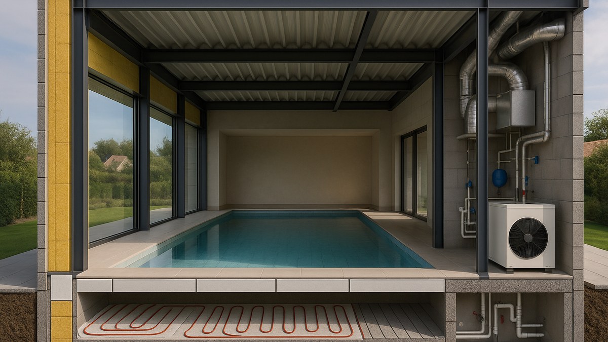 Architektonischer Querschnitt durch ein privates Hallenbad — Wärmedämmung, Bodenaufbau, Glasfassade, Statik und Klimatechnik im Zusammenspiel