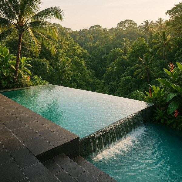 Tropischer Infinity-Pool im Dschungel-Garten