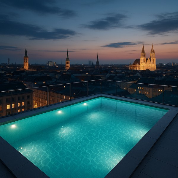 Urbaner Infinity-Pool auf Hochhausdach mit Stadtblick