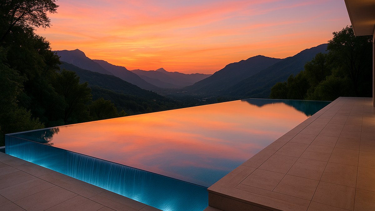 Infinity-Pool mit Horizont-Effekt — randlose Wasseroberfläche fließt visuell in den Hintergrund