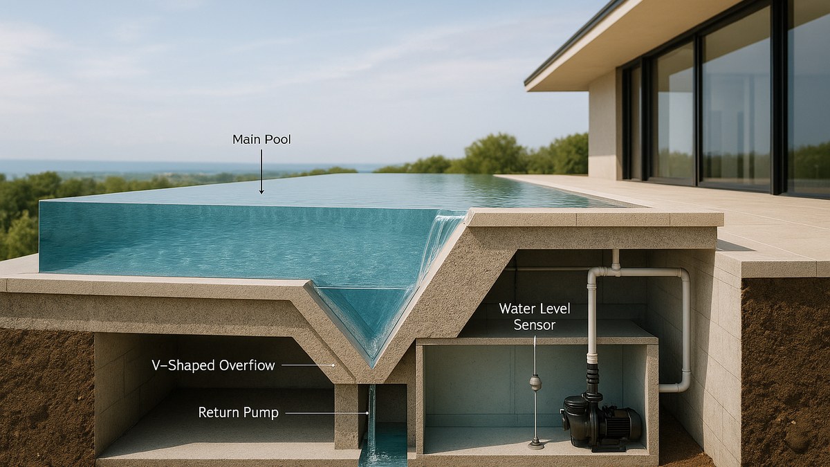 Architektonischer Querschnitt durch einen Infinity-Pool — Hauptbecken, Überlaufkante, Auffangrinne, Ausgleichsbehälter, Pumpe