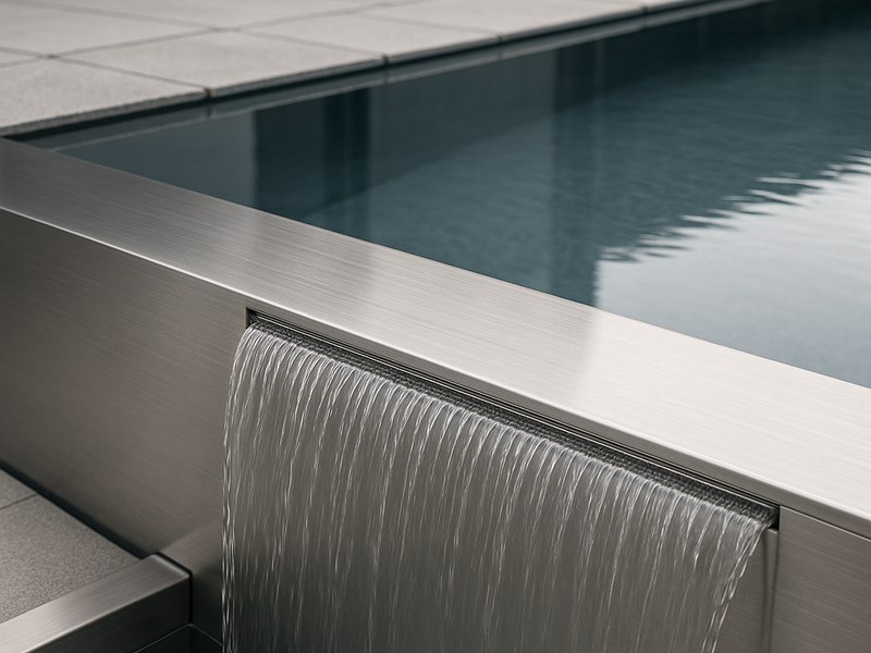 Infinity-Pool Detail mit präzise gefräster Edelstahl-Überlaufkante