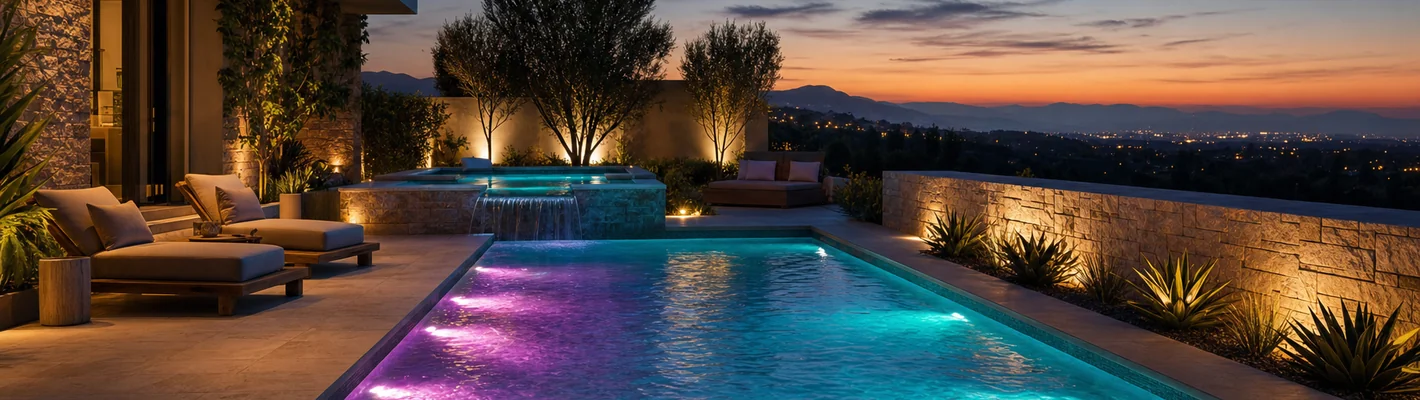 Schwimmbecken mit farbiger LED-Unterwasserbeleuchtung in Abendstimmung
