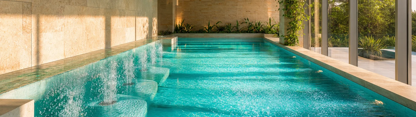 Luftsprudel im Pool: feine Luftblasen steigen aus Sitzfläche und Beckenboden auf Luftsprudel im Pool: feine Luftblasen steigen aus Sitzfläche und Beckenboden auf