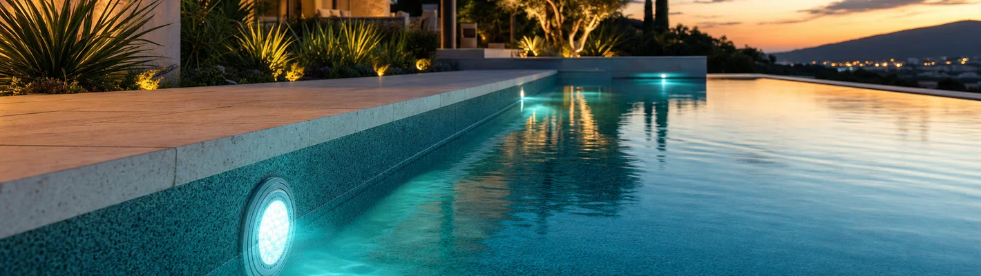 Astralpool LumiPlus LED Unterwasserscheinwerfer in einem privaten Schwimmbecken bei Dämmerung