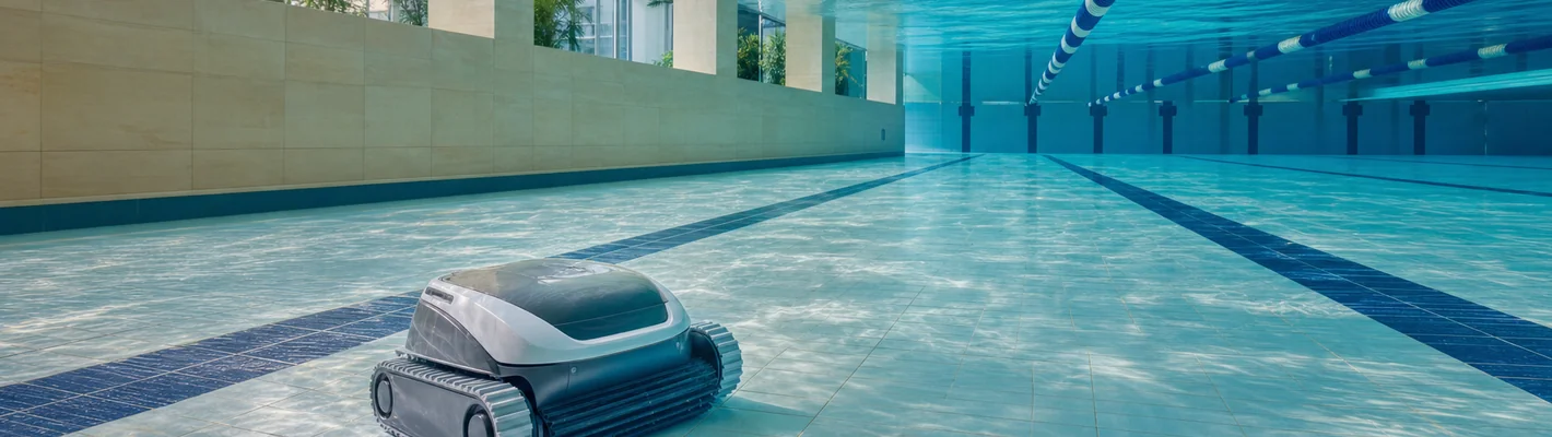 Vollautomatischer Poolroboter in einem öffentlichen 25-Meter-Schwimmbecken