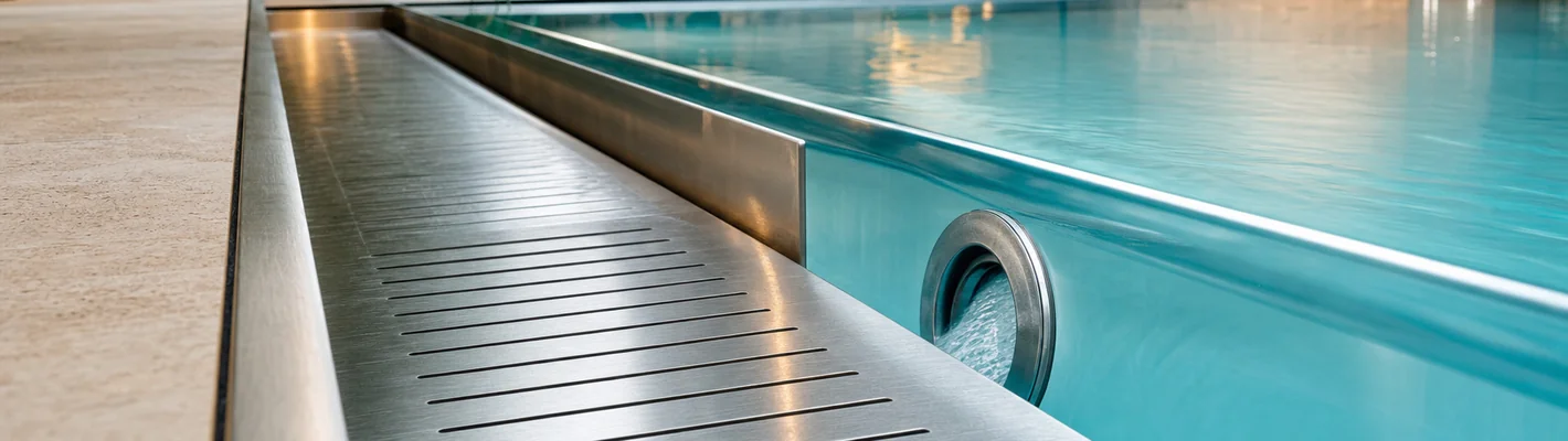 Gepflegte Edelstahloberfläche an Überlaufrinne und Einströmdüse eines Schwimmbeckens