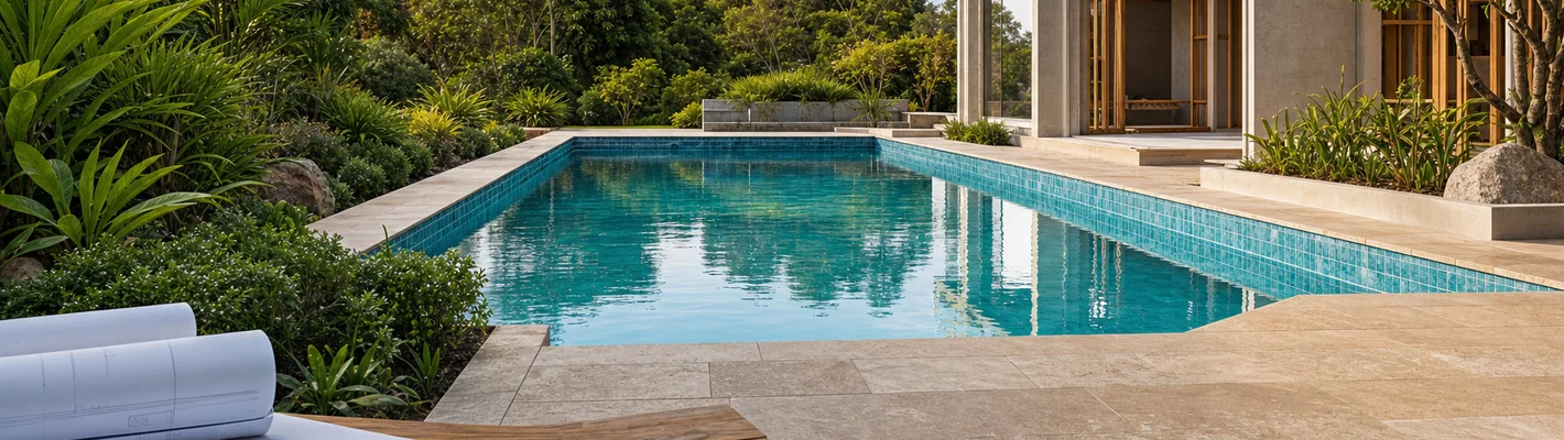 Modernes Privatschwimmbecken in geplanter Architektur, Sandsteinrand, Gartenkontext