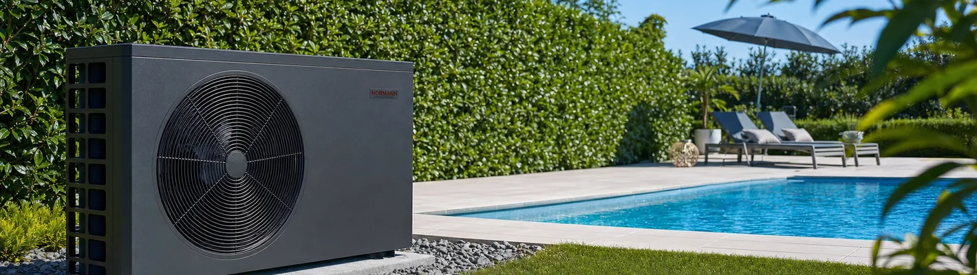 Poolwärmepumpe an einem privaten Schwimmbecken bei Sonnenschein