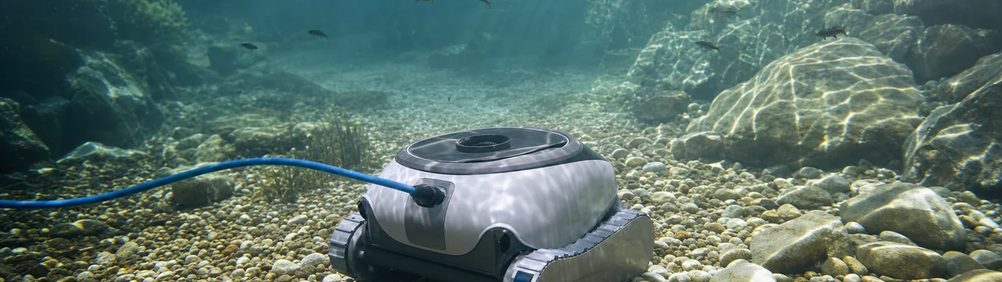 Vollautomatischer Schwimmteich-Reinigungsroboter am sauberen Naturpoolboden mit Wasserpflanzen am Ufer