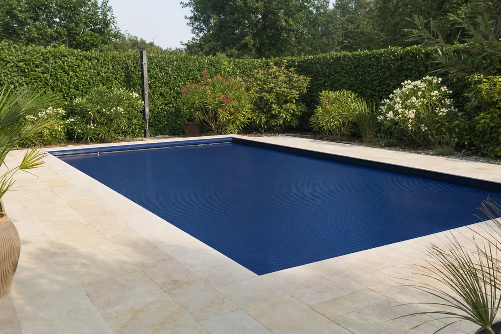 Pool mit geschlossener Rollladenabdeckung reduziert die Wärmeverluste deutlich