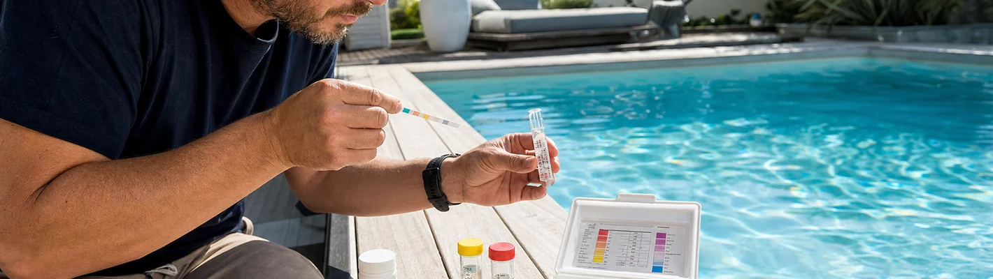 Poolwasser-Messung mit Teststreifen, DPD-Tablettentest und Photometer am Beckenrand