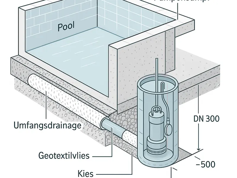 Isometrisches Schema des PP-Pool-Drainage-Systems mit Pumpensumpf DN 300, Tauchmotorpumpe, Umfangsdrainage DN 80 und Geotextilvlies in Kiesbett