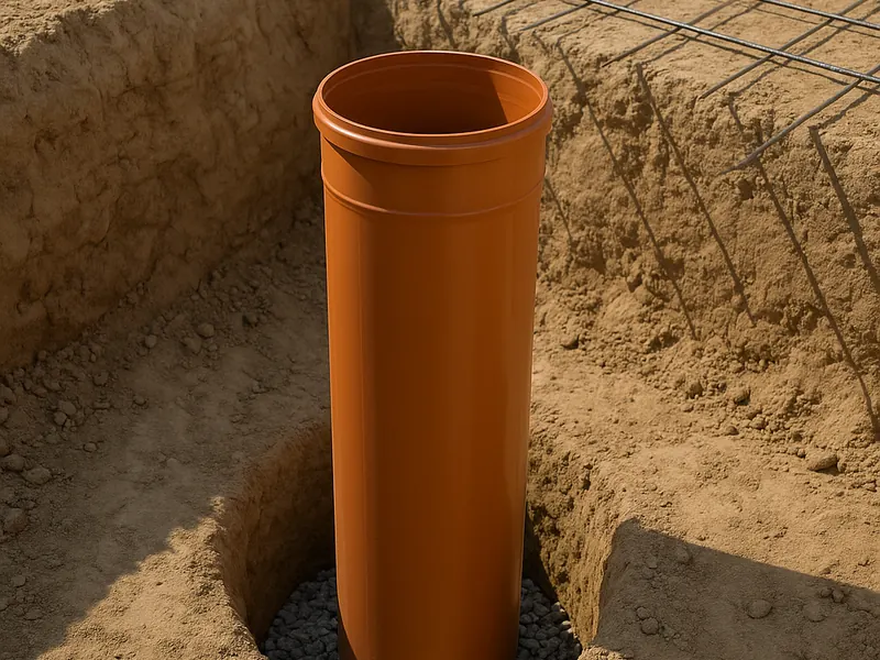 Vertikaler Pumpensumpf DN 300 (orangefarbenes KG-Rohr) in vorbereiteter Aushubgrube mit Kiesschüttung, vor Betonage