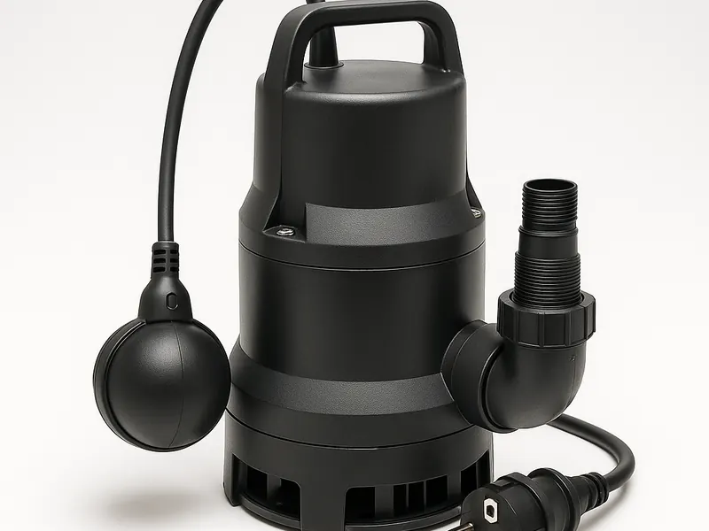 Tauchmotorpumpe mit Schwimmerschalter und Schuko-Stecker für direkten Hausanschluss, separate Versorgung getrennt vom Technikschacht