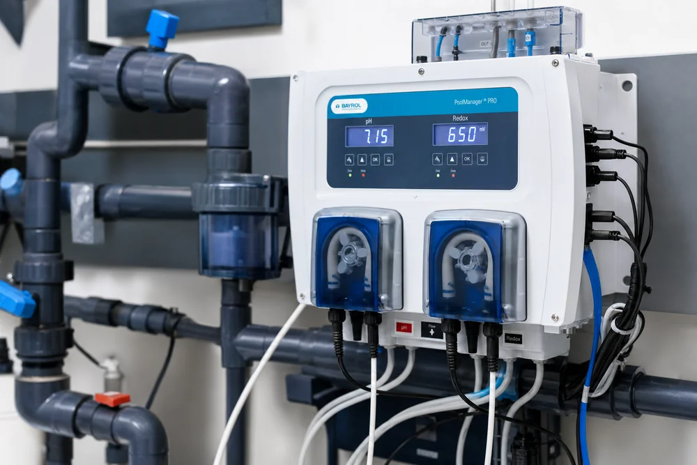 Pool-Steuerung mit pH- und Redox-Anzeige an der Filtertechnik