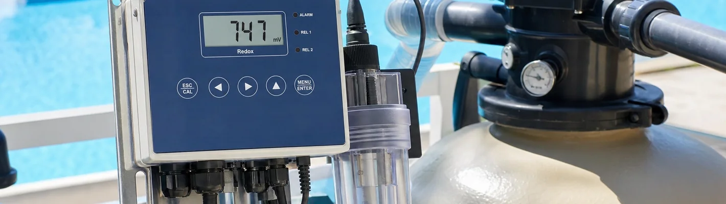 Digitales Redox-Messgerät zeigt den mV-Wert am Pool an