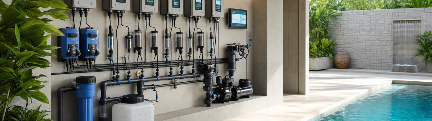 Mess- und Regeltechnik mit Redox-Sensor zur Wasserpflege an einem Schwimmbecken