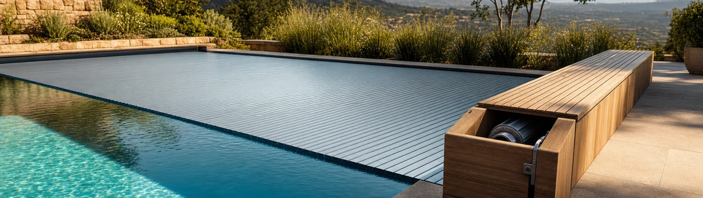 Privater Pool mit geschlossener Lamellen-Rollladenabdeckung und sichtbarer Aufrollvorrichtung am Beckenrand