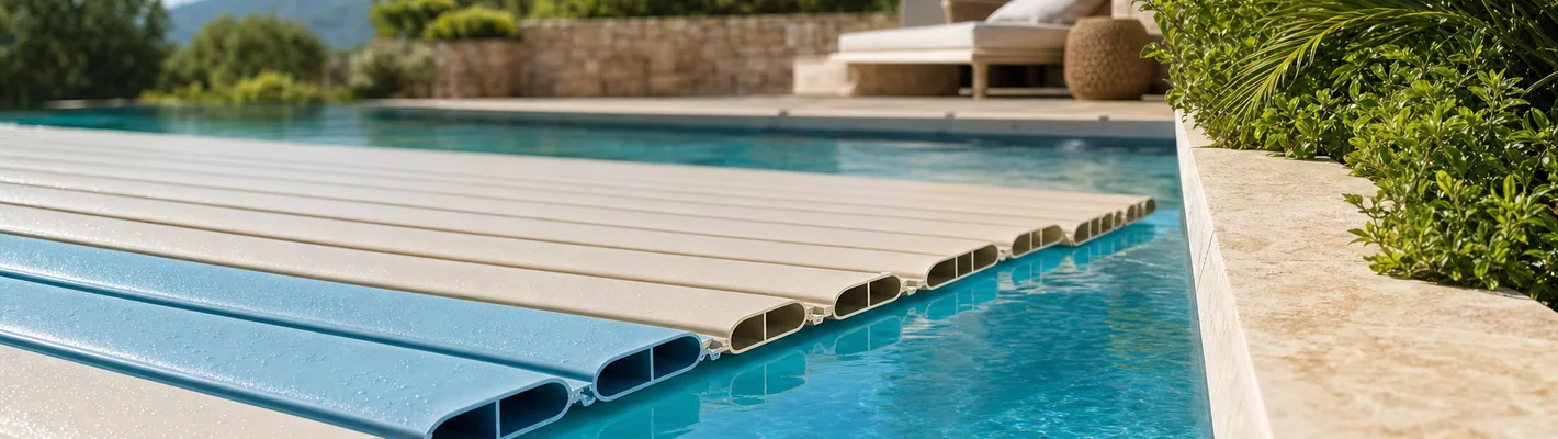 Floating PVC-Rollladenprofile schwimmen auf der Wasseroberfläche eines modernen Privatpools, Hohlkammerprofile in verschiedenen Farben
