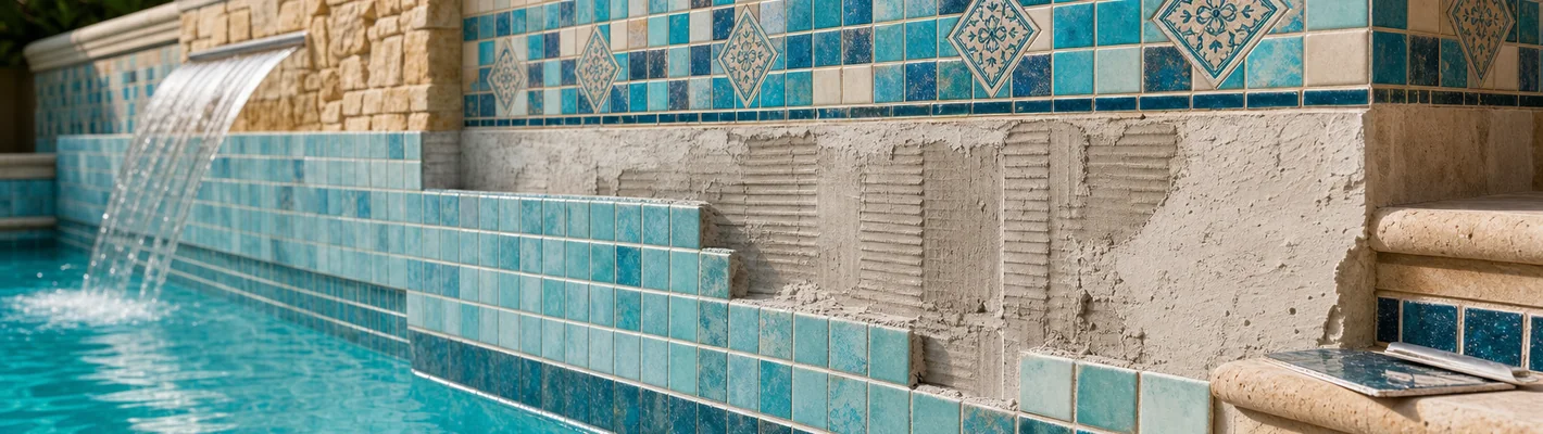 Sanierter GFK-Pool mit Mosaikfliesen, frische Fugen sichtbar