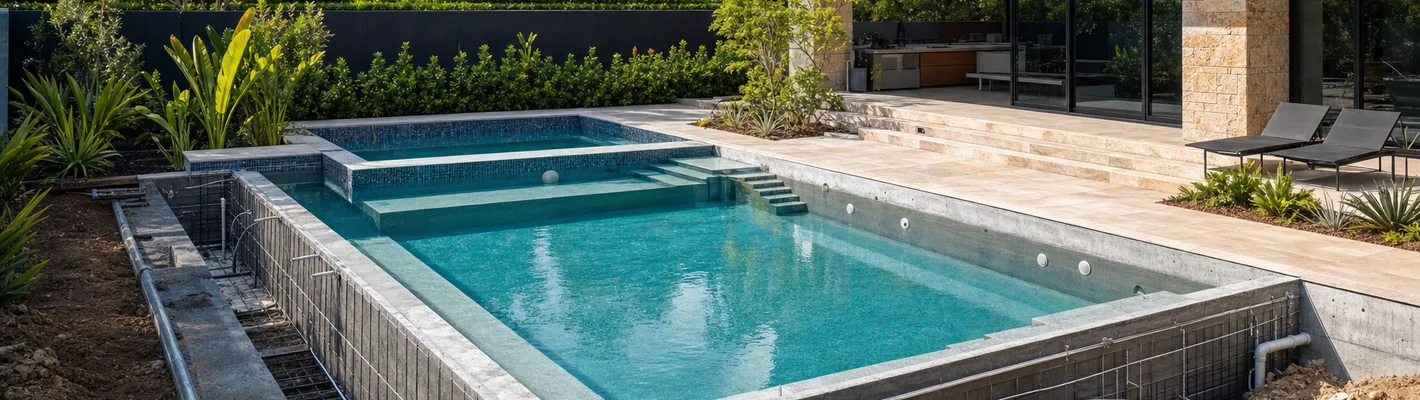 Schwimmbad-Baustelle im Garten – Bodenplatte und Wände im Rohbau