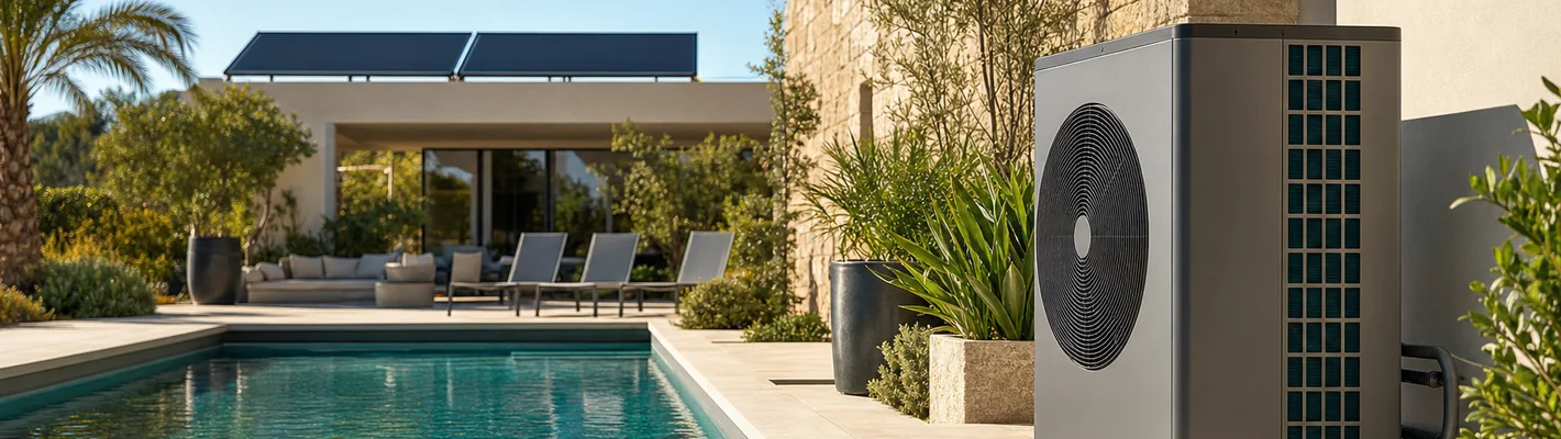 Schwimmbadheizung am Pool — Wärmepumpe im Garten bei Sonnenlicht