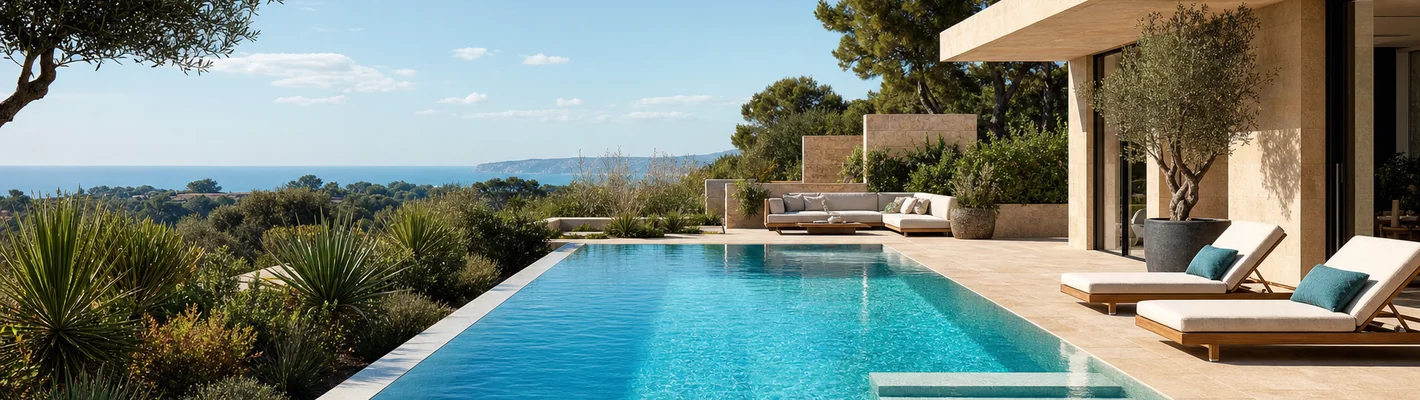 Modernes privates Schwimmbecken mit klarem Wasser, Terrasse und durchdachter Planung im Garten