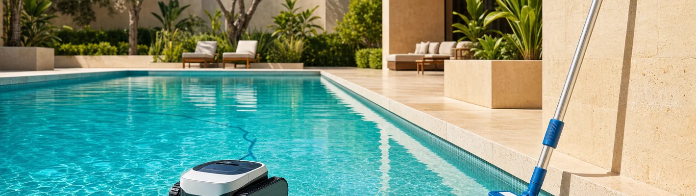 Automatischer Poolroboter und manueller Bodensauger zur Schwimmbadreinigung