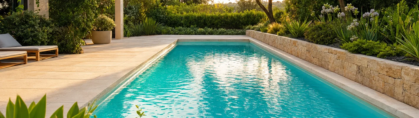 Saniertes Schwimmbecken mit neuer Folie und sandsteingepflastertem Beckenrand