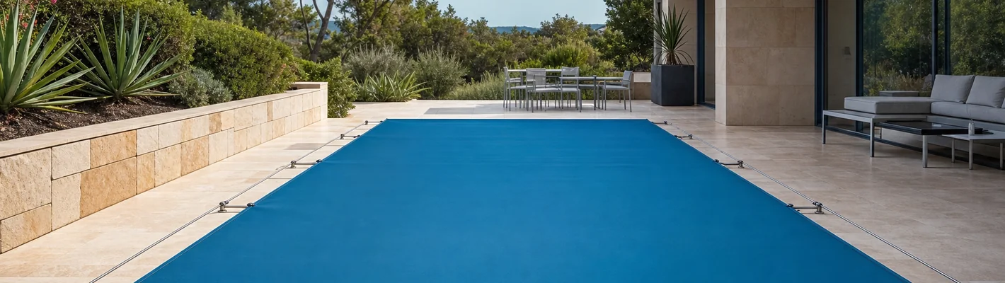 Sicherheitsabdeckung Calypso über einem Schwimmbecken, Polyester-Membran 610 g/m² mit Aluminium-Profilen