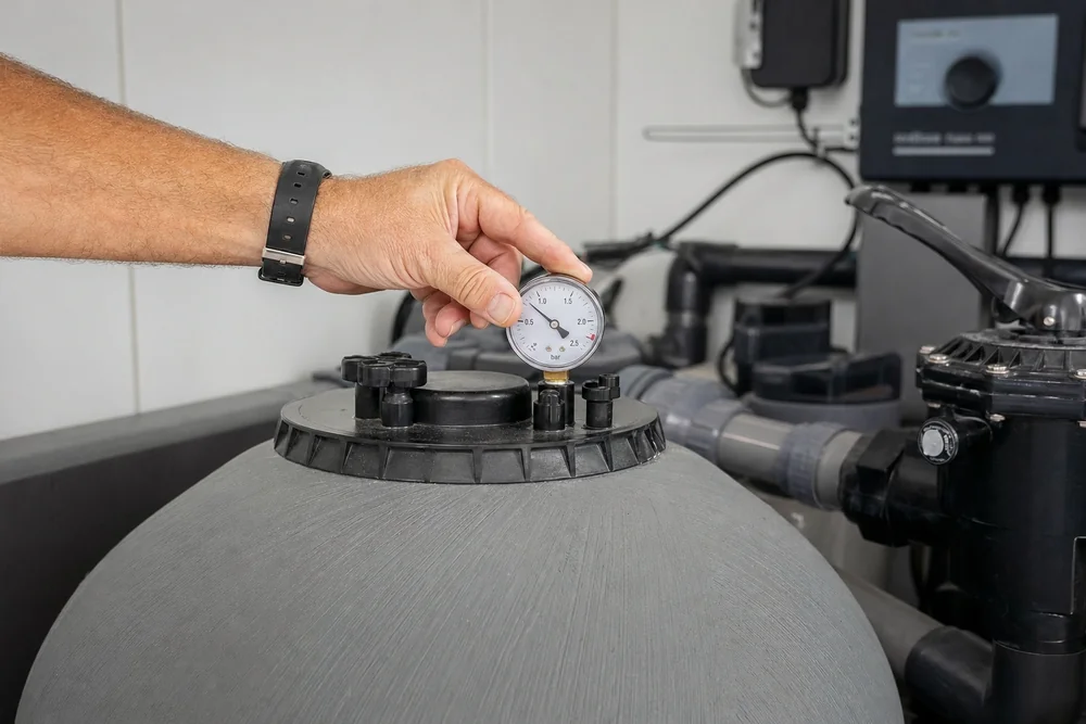 Poolbesitzer kontrolliert den Druck am Sandfilter im Technikraum