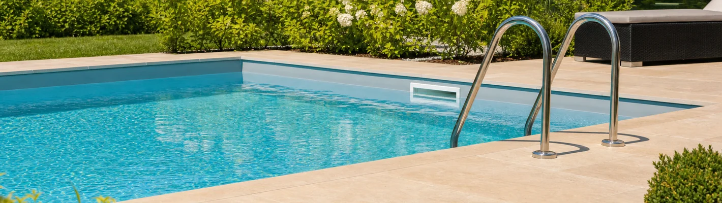 Schwimmbecken-Komplettset im Garten mit Edelstahlleiter, Skimmer und Sandsteinterrasse