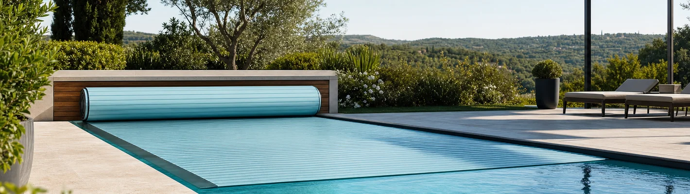 Eleganter Privatpool mit automatischer Thermomatic-Rollladenabdeckung, Aufrollvorrichtung im Beckenrand integriert